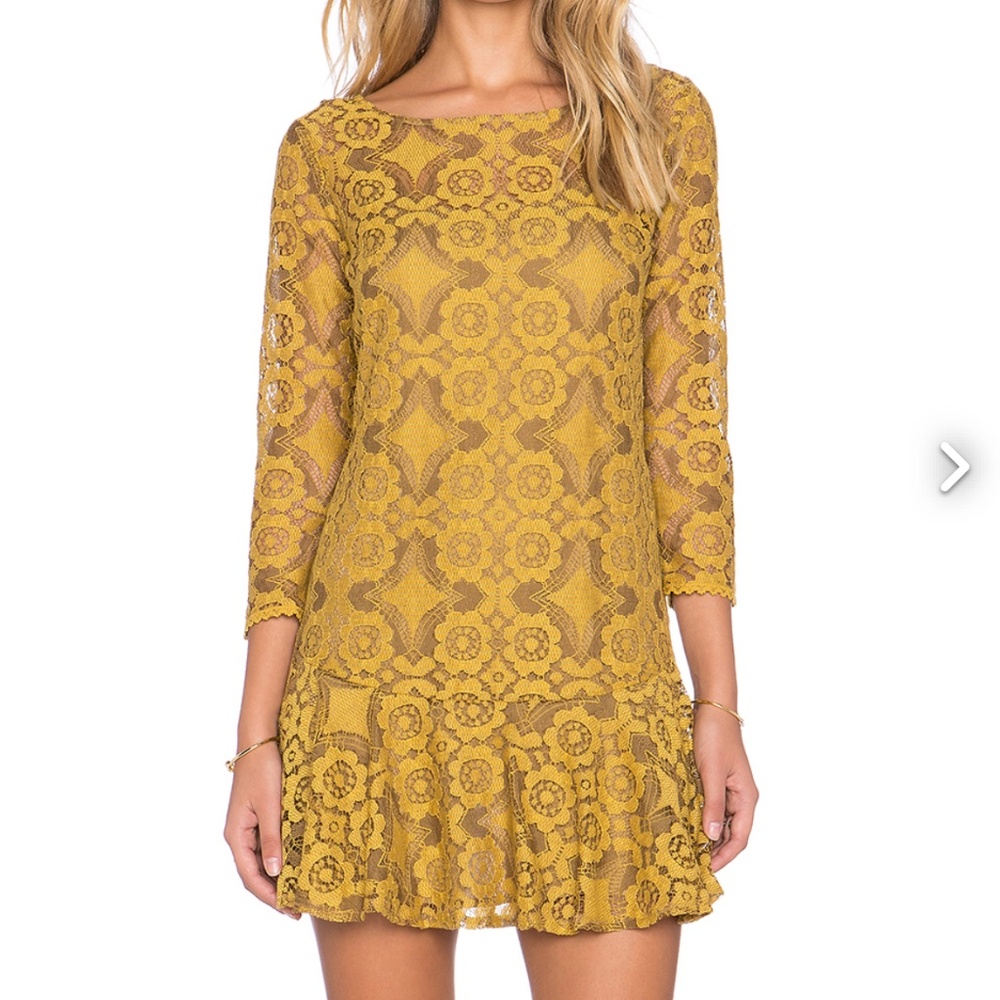 Free People Gold Floral Lace Mini Dress 0